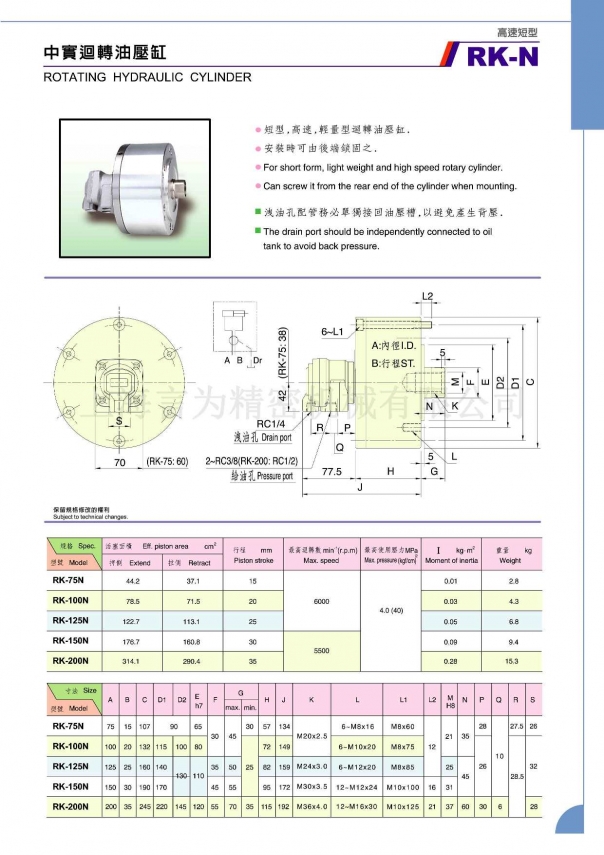 佳賀中實(shí)高速短型回轉(zhuǎn)油壓缸 RK-N